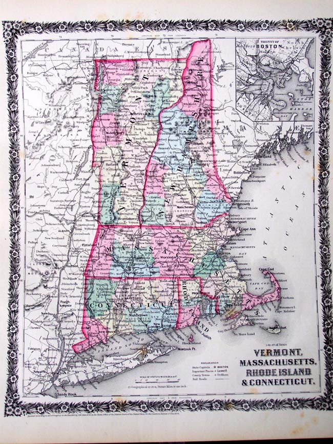 A Fine Hand Colored Map of Vermont, Massachusetts, Rhode Island and Connecticut published by G.W. Colton, New York, in 1858. 